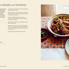 OSSO BUCO mit SESAM und KICHERERBSEN. Zutatenliste links, Rezept daneben. Rechts Bild mit Gericht in einer Schüssel.