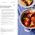 "Egg Curry" Rezept mit Zutaten und Zubereitung. Rechts ein Teller mit Eiercurry, Brotscheiben und Reis.