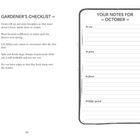 Links: "GARDENER'S CHECKLIST" mit Aufgaben und Kontrollkästchen. Rechts: "YOUR NOTES FOR OCTOBER" mit Notizzeilen.