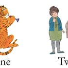 Links steht „One“, ein Tiger mit Trompete. Rechts „Two“, ein Mädchen und ein Mann mit einem Schlüssel.