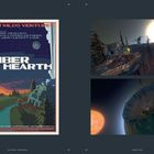 "Outer Wilds Ventures", "Timber Hearth", "Historic Museum", "Local Music", "Quantum Poetry". Links Poster mit Bergen, rechts 2 Landschaftsfotos.