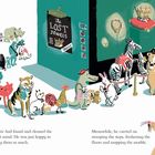 Text: "the LOST JEWELS SOLD OUT." Tiere stehen in einer Warteschlange vor einer Schmuckausstellung.