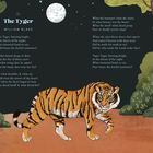 Text: "The Tyger" von William Blake. Illustration eines Tigers in einem Wald bei Nacht, mit Bäumen und einem Mond im Himmel.