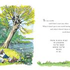 Links ein Gemälde: Ein Baum am Fluss mit einem Picknick. Rechts Text über Zufriedenheit und Frieden im eigenen Sein.