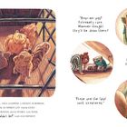 Texte: "Bear-me-pigs! Extremely rare." Illustration zeigt drei pelzige Tiere in einem Korb, zwei Figuren lesen ein Buch.