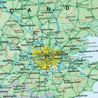 Karte von Südostengland, Städte hervorgehoben: London, Oxford, Cambridge, Ipswich, Reading. Straßen- und Zugverbindungen angezeigt.