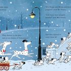 Sätze beschreiben einen Wintertag mit vielen Dalmatinern. Ein Paar zählt Hunde. Eine Illustration zeigt Schnee und Dalmatiner.