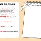 Text: Change the ending. Auf der linken Seite Fragen zu alternativen Enden, rechts Platz zum Schreiben. Illustrativ.
