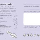 "Pavement chalks" Erklärung und Aktivitäten mit Straßenkreide, Fragen über Nutzung, Zeichnungen und Bewertung. Verspielte Illustrationen.