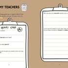 Text auf Klemmbrettern: Fragen zu Lehrern. Illustrationen von Tassen mit "World's Best/Worst Teacher". Hintergrund beige.