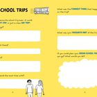 Zwei Schulbus-Illustrationen, gelber Hintergrund. Fragen: Wo warst du? Wie kamst du hin? Besteht aus Textfeldern zum Ausfüllen.