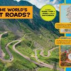 Text: "WHERE ARE THE WORLD'S TWISTIEST ROADS?" Die Illustration zeigt kurvige Straßen in bergiger Landschaft.