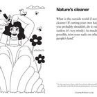 "Nature’s cleaner" und über das Haareschneiden im Freien. Illustration: Person schneidet Haare, Vögel und Blumen umgeben sie.