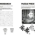 Wortsuche und Puzzle. Schwächen von Einhörnern: Kälte, Dunkelheit, Hunger, Einsamkeit, Spiegel, Lärm, Schatten, Krankheit, Rauch, Durst.
