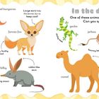 "In the desert. One of these animals is a reptile... Can you spot it?" Illustrationen von Wüstenbewohnern.