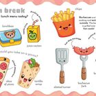 Text: "Lunch break", "What's on your lunch menu today?", "Which of these snacks would you take on a picnic?" Freundliche Cartoon-Abbildungen von Essen und Grillutensilien mit lachenden Gesichtern.