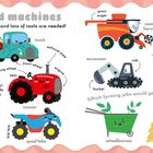 „Tools and machines“, „Farming is hard work“, „Which farming jobs would you choose to do?“ Illustrationen von Bauernhofgeräten.
