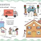 Text: "City centre", "So much to do and see!", "car", "luggage", "delivery van", "apartment buildings", "pedestrian crossing", "traffic lights", "café", "taxi", "library", "clock", "cyclist", "city bike". Illustration zeigt geschäftige Stadtzentrale.