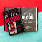 Zwei Buchumschläge: "IN THE BLOOD" von April Henry, einer mit Porträt einer Frau, enthält blutrote Details und Text.