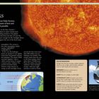 HOW THE SUN WORKS. Die Sonne strahlt Wärme und Licht, die Leben ermöglichen. Oben ein Bild der Sonne mit hellen Regionen. Oben links: Text über Sonnenenergie und deren Wirkung auf die Erde. Rechts unten: Abbildung einer Himmelskugel zur Messung von Sonnenstunden.