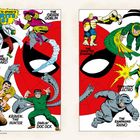 Links "Say 'hello' to Spidey's favorite foes!" Rechts: Figuren wie The Green Goblin, Darlin' Doc Ock, The Rampaging Rhino. Comic-Stil.