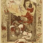 Eine detaillierte Illustration mit der Aufschrift "Labyrinth". Eine Eule, ein Mädchen mit einem Buch, und fantastische Figuren.