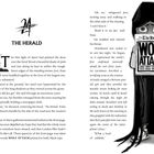 Linke Seite: "THE HERALD" und Fließtext. Rechte Seite: Illustration eines Kindes mit Kapuze, hält Zeitung "WOLF ATTACK!"