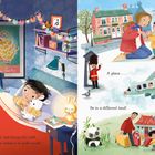 Texte: "We might say bye...", "You might have caught a train...", "A plane...", "Be in a different land".

Links Eltern beim Kind, rechts Reisen; Zug, Flugzeug, anderes Land.