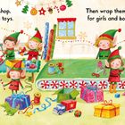 Text: „Into the workshop, the elves make toys. How many elves can you count? Then wrap them up for girls and boys!”  
Illustration: Weihnachtsmann mit Elfen in einer Werkstatt voller Geschenke.