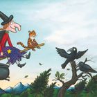 Text: "The witch had a cat and a very tall hat..."  
Illustration: Eine Hexe und eine Katze fliegen auf einem Besen.