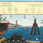 Text: "Sunny Harbour. It's a sunny day at the harbour. Can you find all of the things listed below?". Unten Hafen-Szene mit Schiffen.