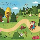 Text: "Red was off to see her grandma with cookies and apple pie. 'Look out for Wolf—he's very bad!' said Mom as she waved goodbye." Illustration: Kind mit rotem Umhang läuft fröhlich auf einem Waldweg, ein Wolf folgt ihr. Bunt und verspielt.