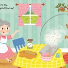 Text: "An old woman was baking at home one day, When a gingerbread man leaped right off the tray!"  
Illustration: Eine erstaunte ältere Frau in einer gemütlichen Küche, während ein Lebkuchenmann davonläuft.