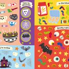 Texte: "Cozy crafting", "Time to decorate", "In the kitchen", "You're invited", "Spooky cupcakes". Illustration mit Halloween-Motiven.