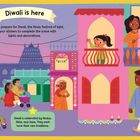 Text: "Diwali is here. It's time to prepare for Diwali, the Hindu festival of light."  
Illustration: Fröhliche Menschen bereiten Diwali vor, dekorieren Häuser, halten Geschenke. Bunte Kleider und Lichter.
