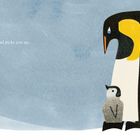 Text: "Dad picks you up." Illustration eines großen und kleinen Pinguins auf einem blauen Hintergrund.
