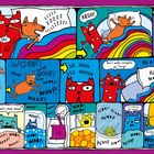 Ein humorvoller Comic mit Tieren. Texte: "Unlike Berry.", "What are you doing, Terry? Calm down!", "Don’t wake everyone up, Terry!", "TOO LATE!", "What’s that noise?", "Is it time to get up yet?", "Nothing under the bed..." und verschiedene "WOOF!" Laute.