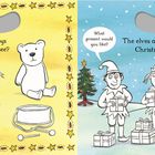 Links: "It's the countdown to Christmas! Can you paint the picture?" Zwei Menschen schmücken einen Baum. Rechts: "What colors are the ornaments?" mit Umrissen von Ornamenten.