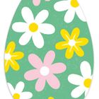 Illustration eines Eies mit rosa, weißen und gelben Blumen auf grünem Hintergrund.