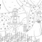 Text: "Puzzle 8 Ceremony colouring." 
Illustration: Hochzeitspaar unter Blumenbogen, Fontäne, Stuhlreihen mit Bändern.