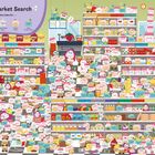 "Supermarket Search" oben links. Illustration eines überfüllten Supermarktgangs mit vielen lächelnden Lebensmitteln und Regalen.