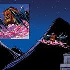 Illustration: Zwei geflügelte Wesen tragen eine Hütte auf rosa Wolken über einen Berg. Nacht, klarer Himmel mit Sternen.