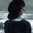 Text beschreibt Lücken im Eis und das Schicksal eines Fischers. Eine Person blickt auf eine eisige Meereslandschaft.