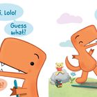 Ein blauer Vogel und ein orangefarbener Dinosaurier sprechen miteinander. Spielzeug liegt auf dem Boden.