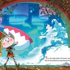 Eine Illustration mit einem fröhlichen Elf, der eine große Schüssel hält, umgeben von verschneiten Bäumen und einem funkelnden Sternenhimmel.