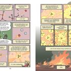Comic über Verbrennung: Atome werden erhitzt, reagieren mit Sauerstoff, setzen Energie frei. Darstellung: Wissenschaftler, Feuer.