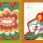 Links: Bunte, gewellte Muster, Text "This is Joni Mitchell." Rechts: Illustration, Frau spielt Gitarre, Text "Joni is a painter, a singer, a poet."