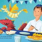 Uh-oh... are the latkes burning? Ein roter Drache und Personen sitzen an einem Tisch mit Menora und Essen.
