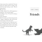 Text: "PART THREE Friends". Zwei Tiere, ein Hund und eine Katze, spielen. Der Hund verbeugt sich spielerisch.