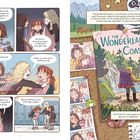Links: Drei Mädchen unterhalten sich, eines ist überrascht. Rechts: Ein Poster bewirbt den "Wonderland Coast"-Wanderweg.